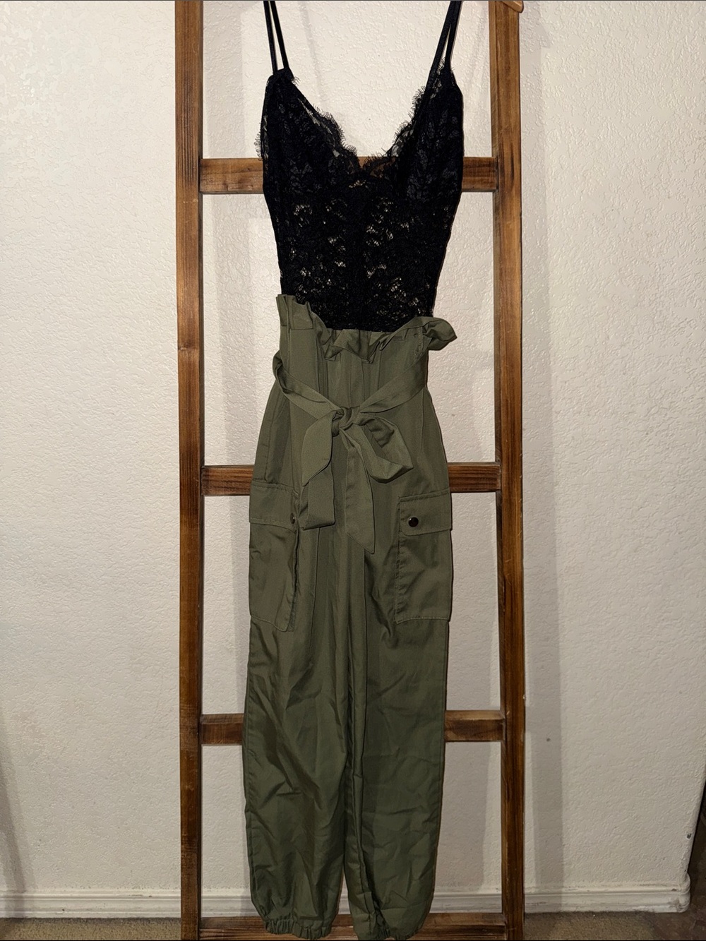 Fashion Nova Olive Green Paperbag Cargo Jumpsuit with Black Lace Bodice